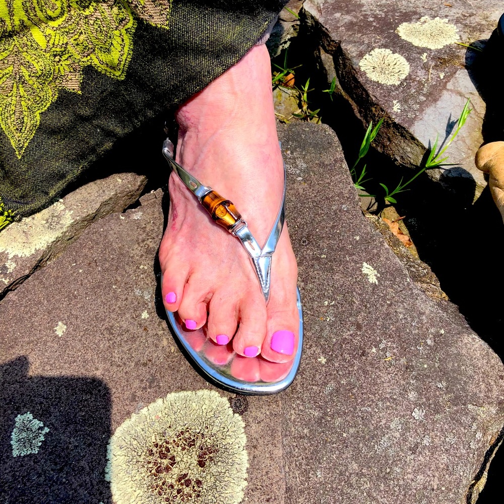 Gucci Designer Silver Sandals with Bamboo Embellishment